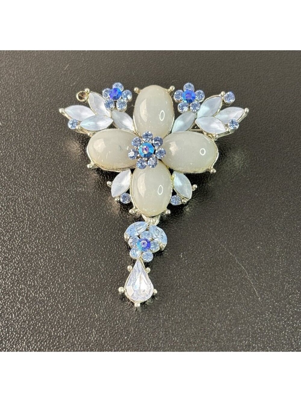 Vintage Silver Tone Floral Blue Rhinestones Milky Oval Brooch Pin w/ Pendant 2"